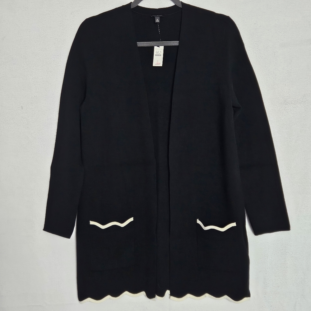 NWT Talbots Black and White Scalloped Open Cardigan with Pockets, Size M